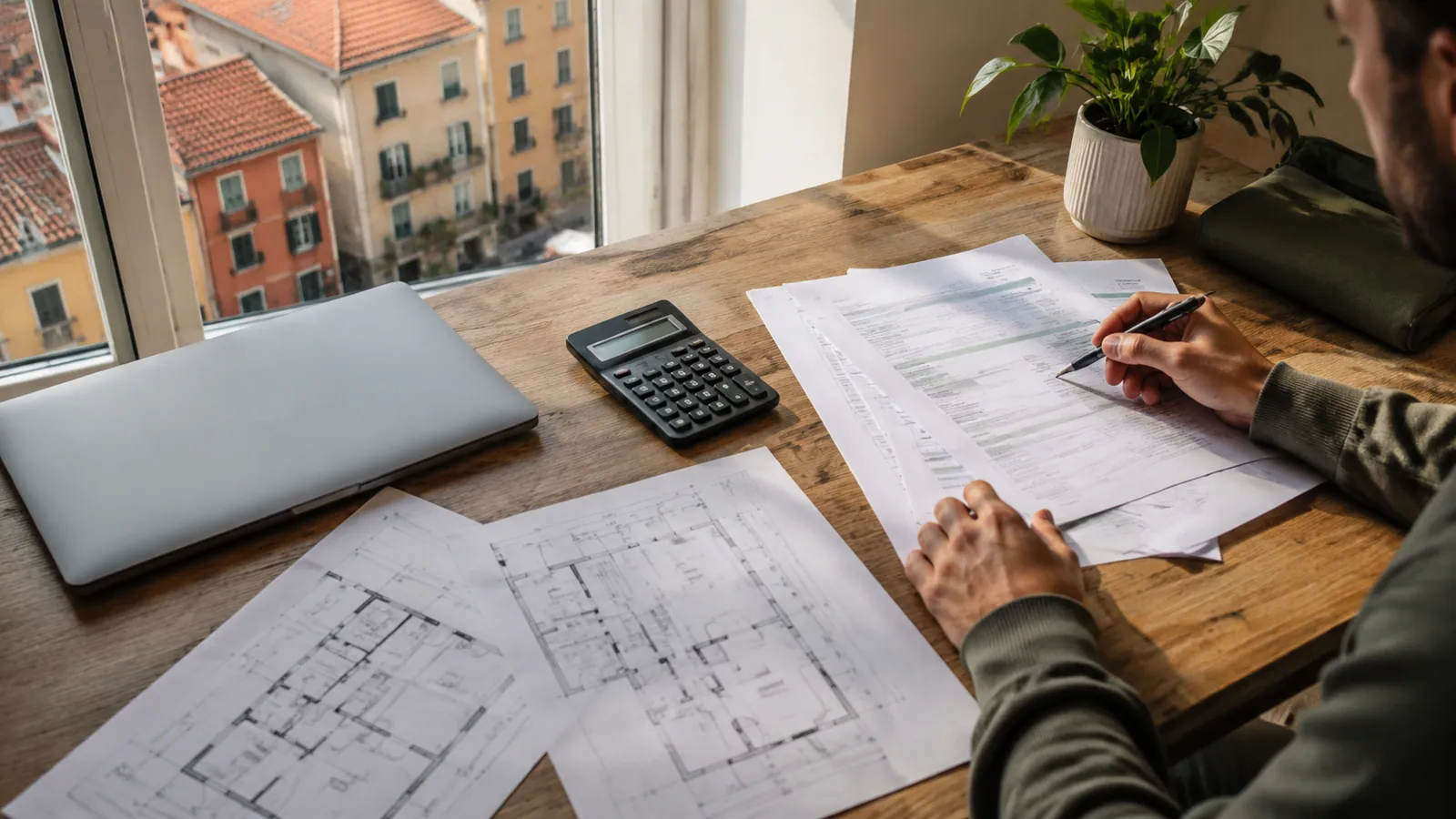 Planimetrie e documenti dei consumi sul tavolo di lavoro