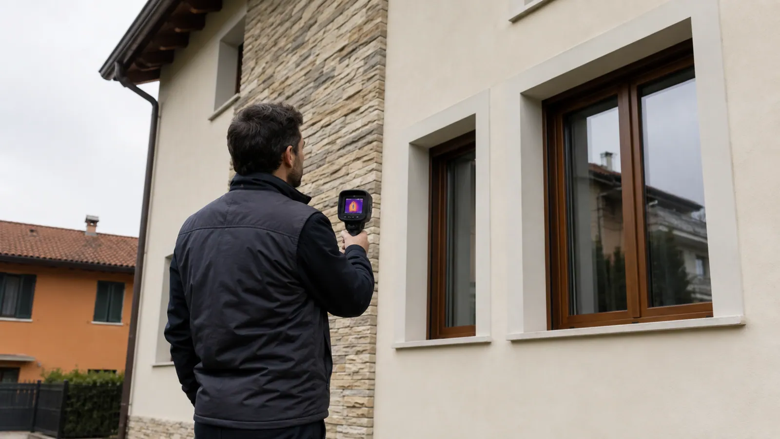 Tecnico durante una valutazione energetica dell’involucro edilizio