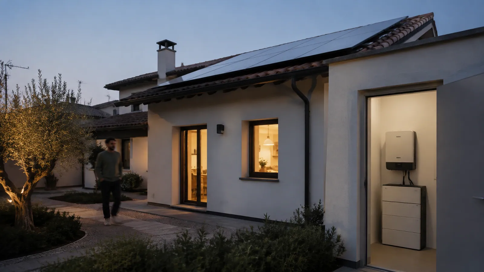 Abitazione con fotovoltaico e locale tecnico al calare della sera