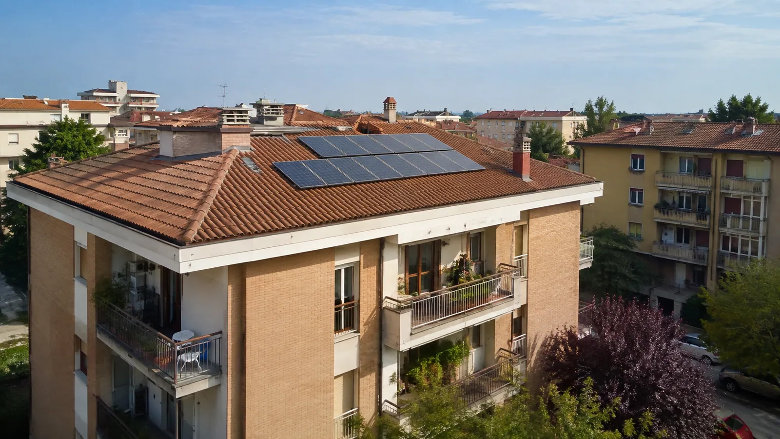 Copertura urbana con pannelli, camini e spazi da condividere