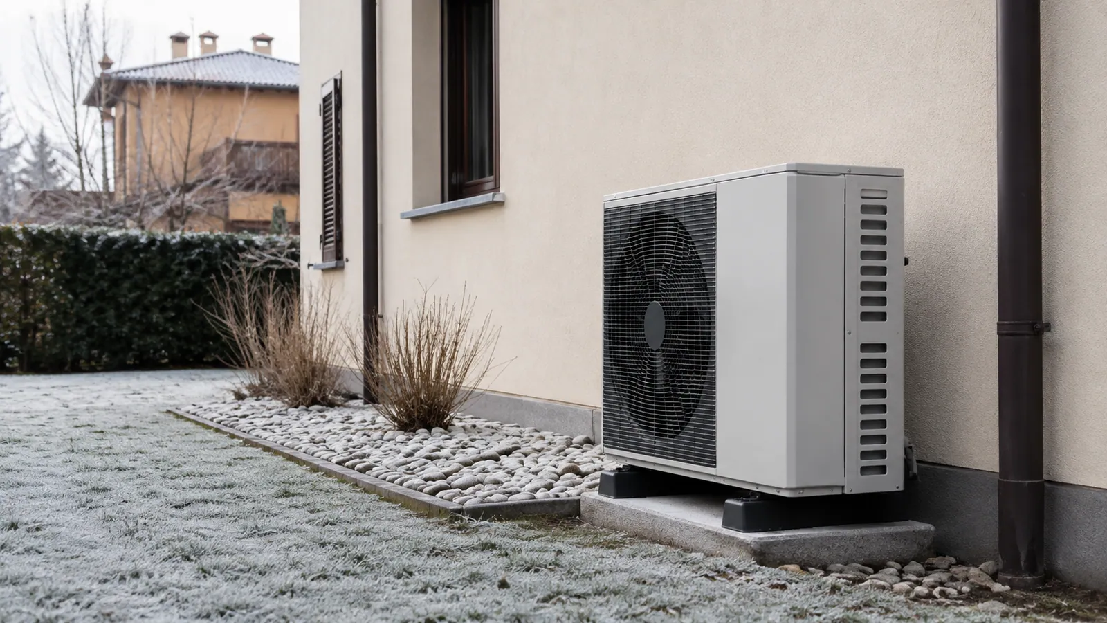 Unità esterna di una pompa di calore durante l’inverno