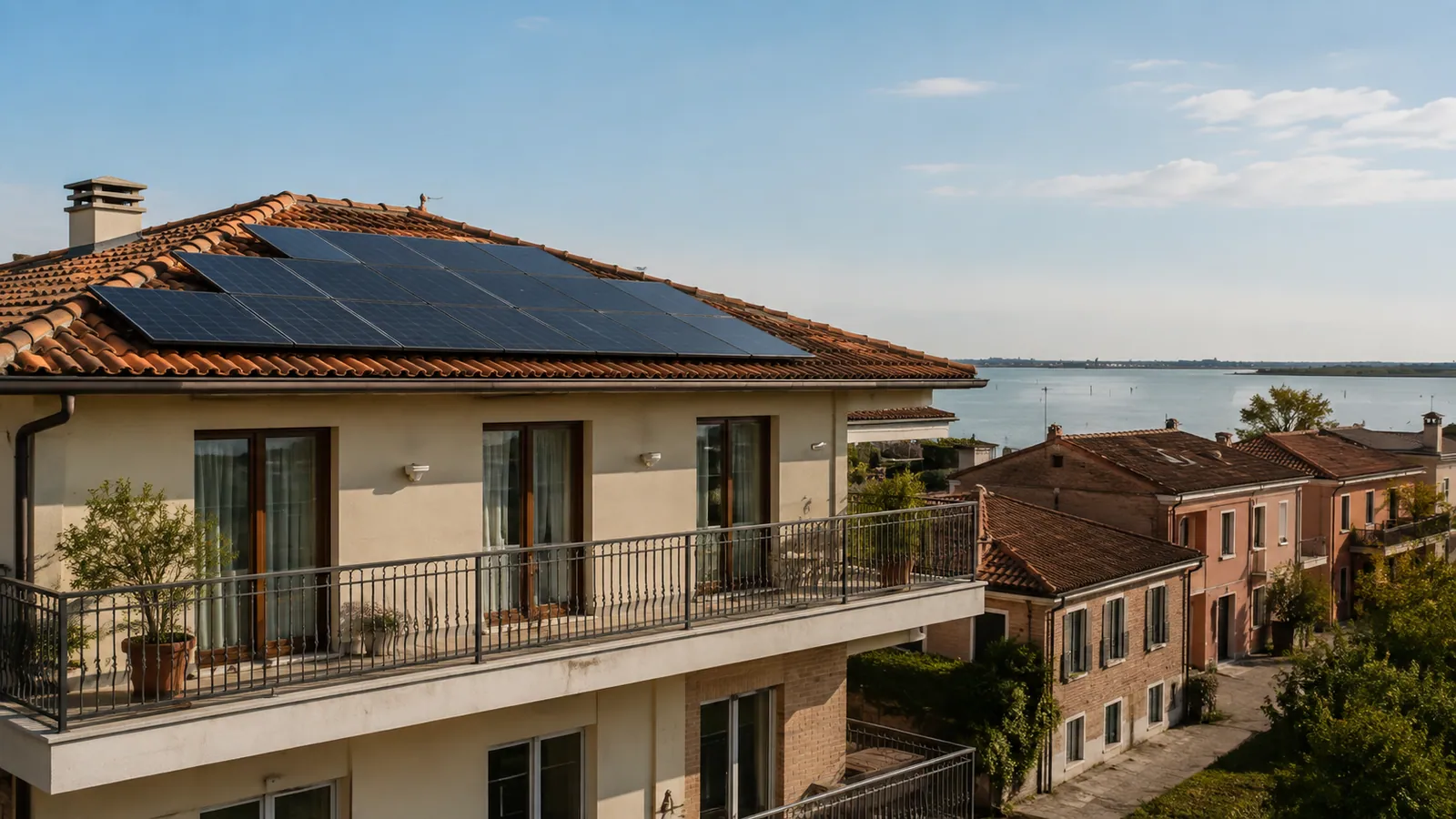 Copertura fotovoltaica in un contesto residenziale vicino alla laguna
