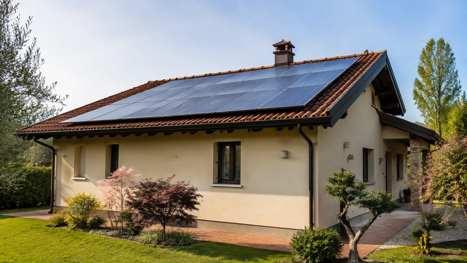 Immagine illustrativa: abitazione con pannelli fotovoltaici su un tetto in coppi