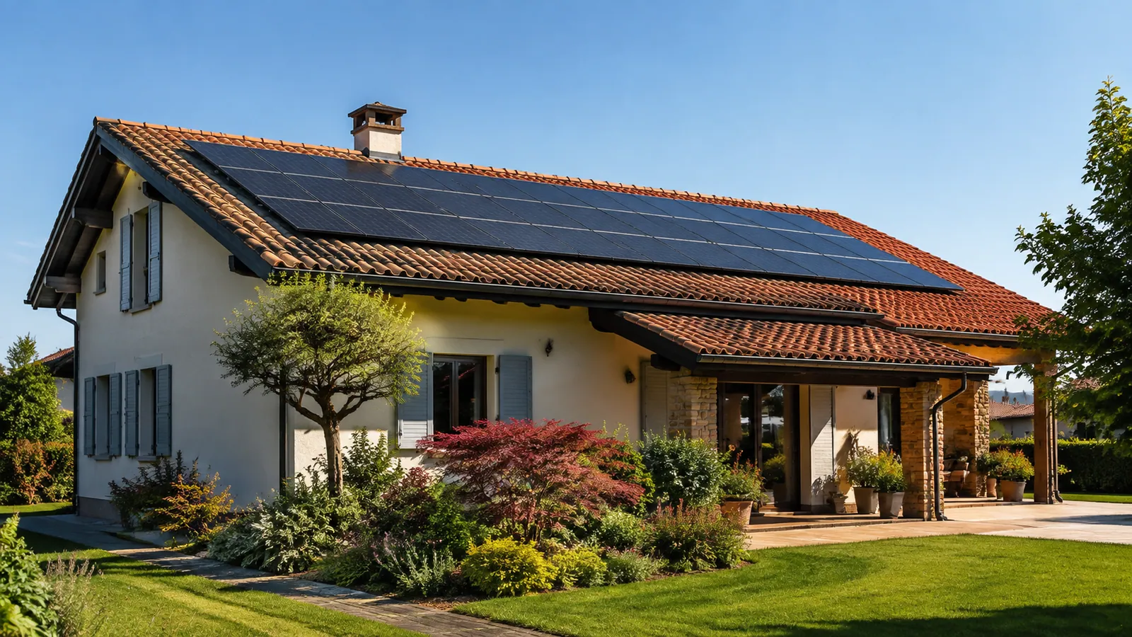 Immagine illustrativa: abitazione con pannelli fotovoltaici su un tetto in coppi