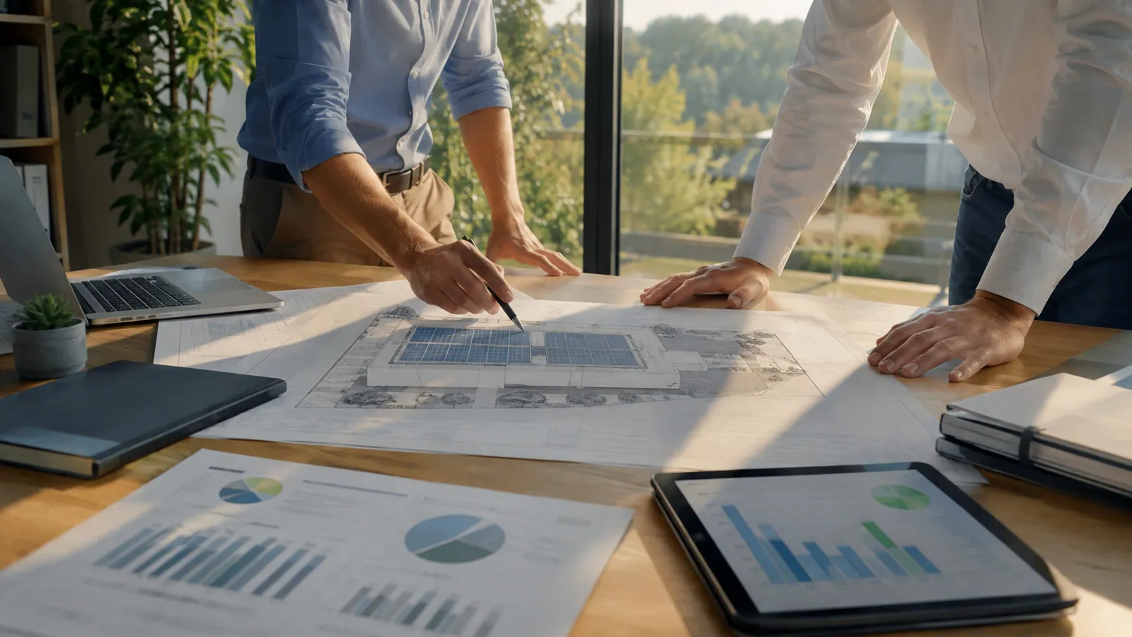 Immagine illustrativa: analisi dei consumi e progetto energetico su un tavolo di lavoro