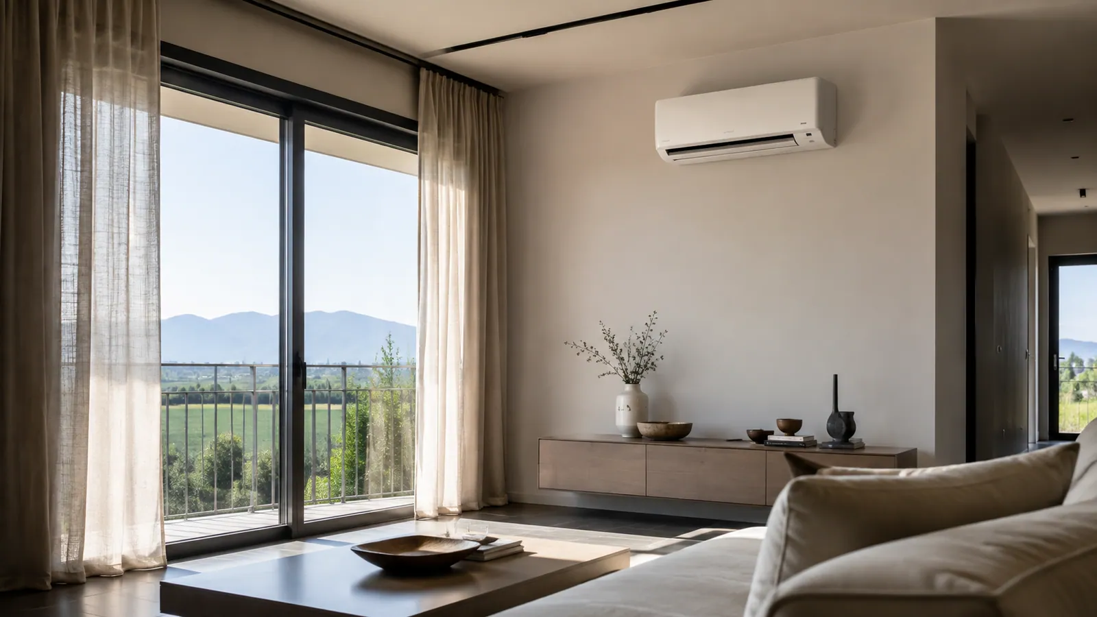 Immagine illustrativa: climatizzatore a parete in un soggiorno luminoso